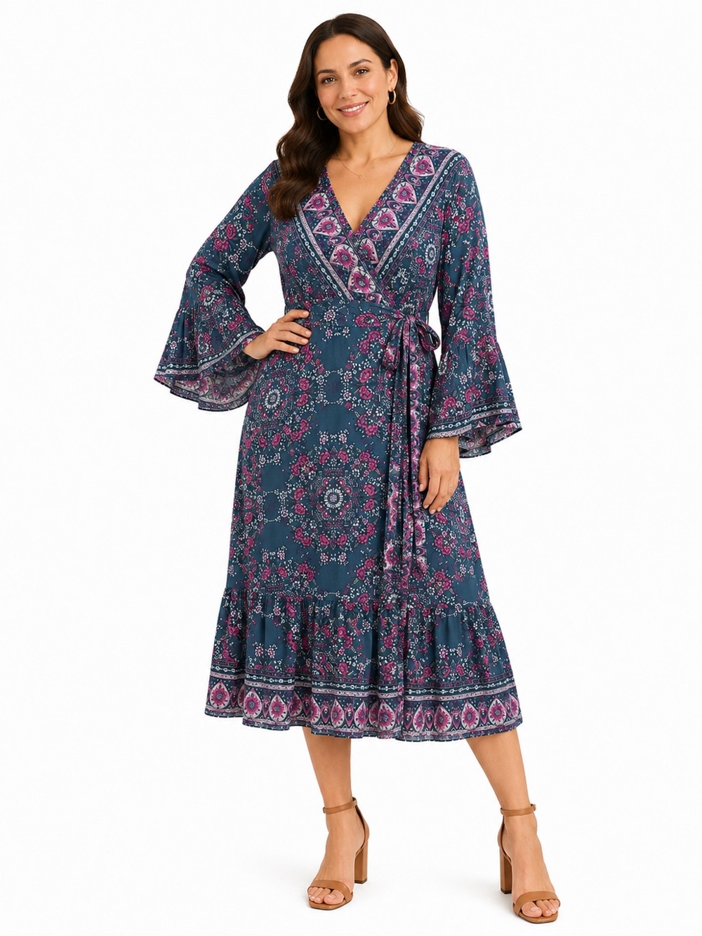 Coastal Traders Bohemian Bell Sleeve Maxi Wrap Dress Size L/XL